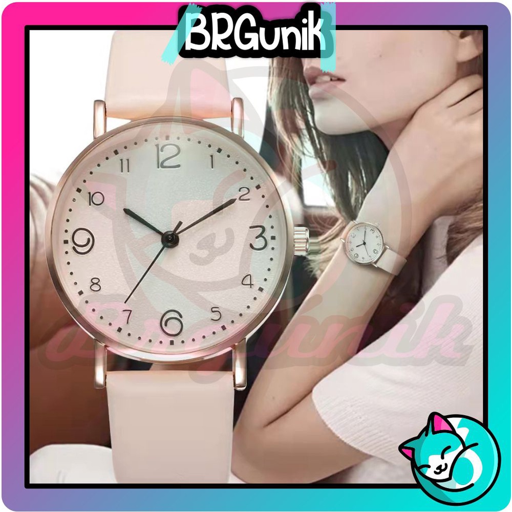 BRGUNIK Jam Tangan Gaya Korea Strap PU Leather Polos Analog Quartz Fashion Wanita Korean Watch Casual JT043