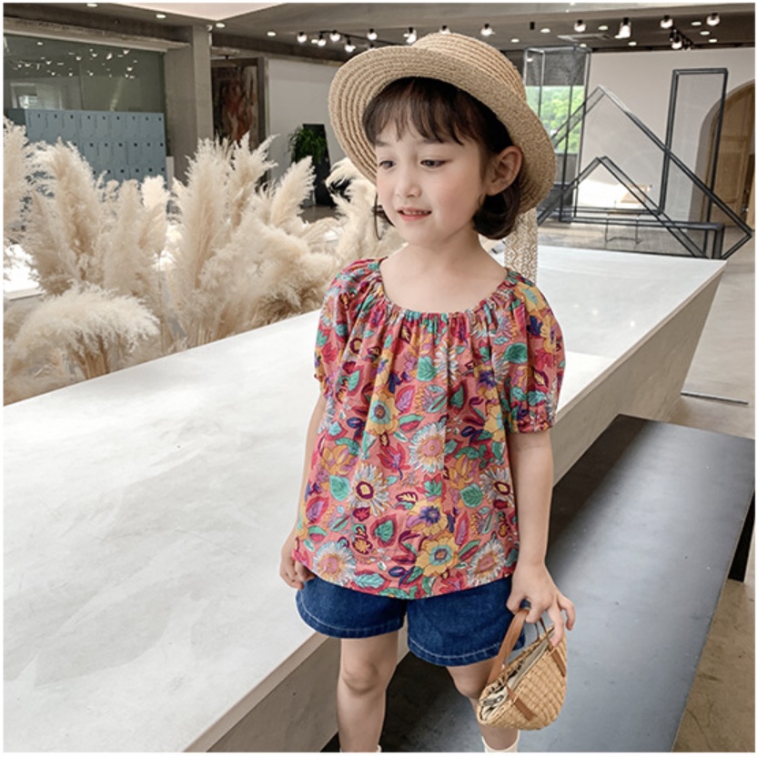 babyfit [3-8thn] MARGHA baju setelan celana jeans pendek anak perempuan blus square neck import al-1025r