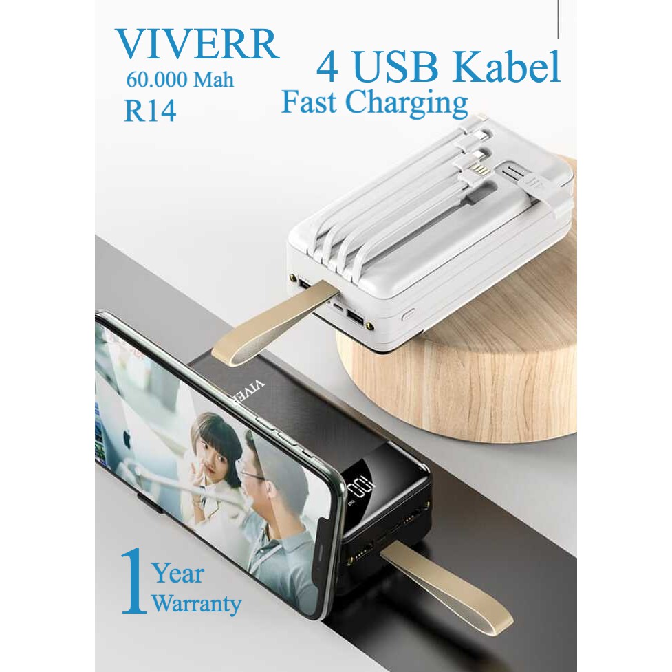 Powerbank VIVERR R14 Fast charging Kapasitas 60.000 mAh With Kabel 3 output 2USB Original 1tahun.