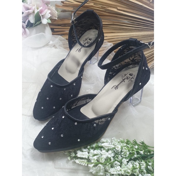 sepatu siera hitam lace brukat tali 7cm kaca