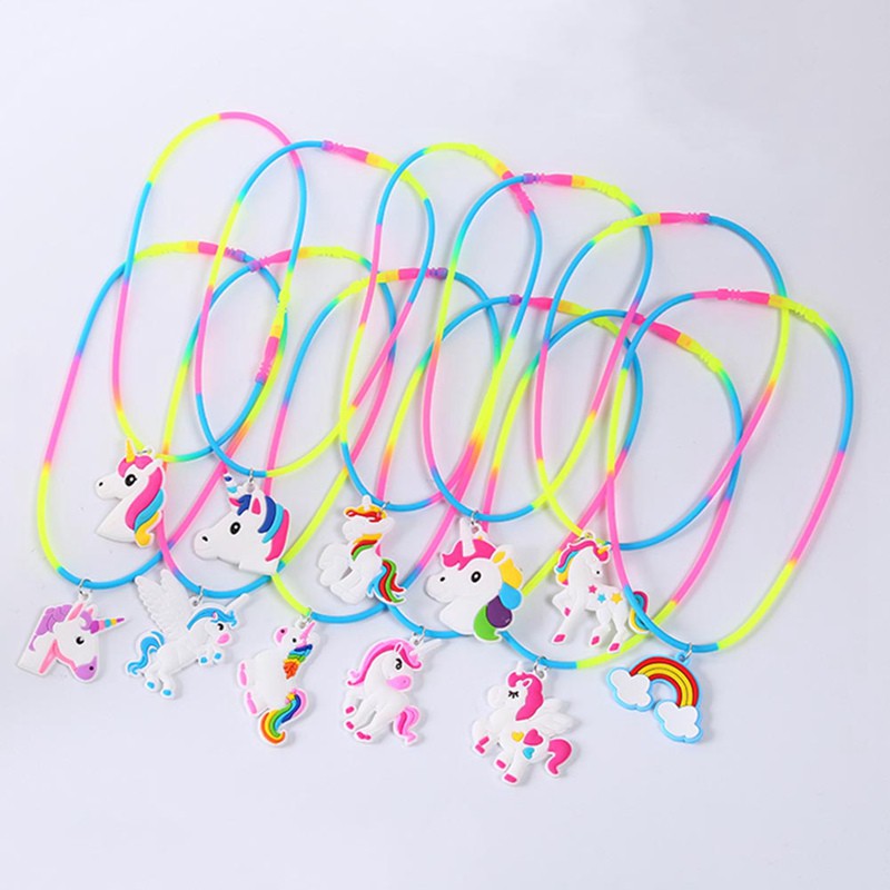 Kalung Unicorn Bahan Silikon PVC Warna Pelangi untuk Hadiah Natal Anak