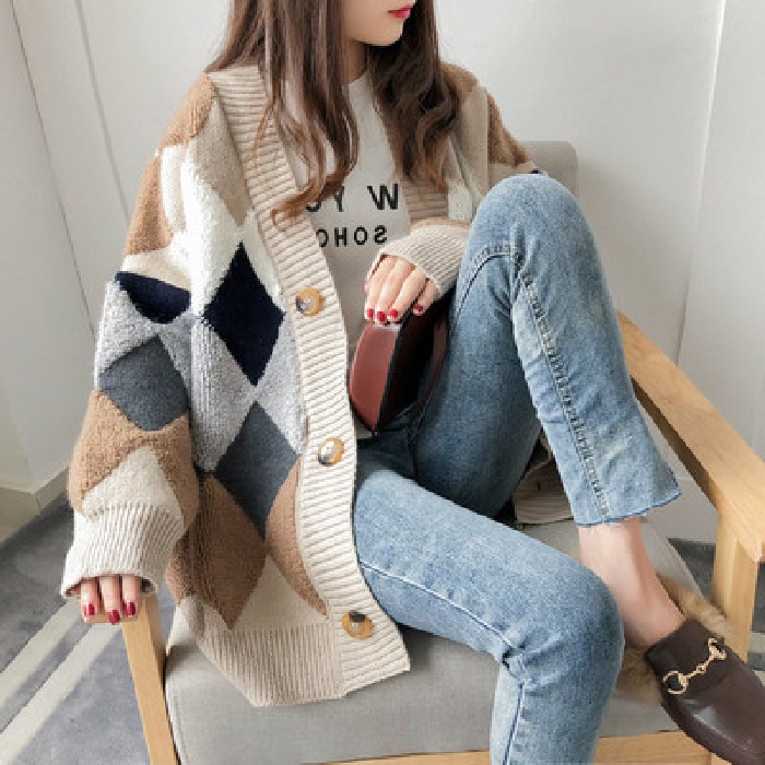 #Sisjuly# Wanita Baru Korea Sweater Cardigan Top Lazy Wind Sweater Rajut Tebal