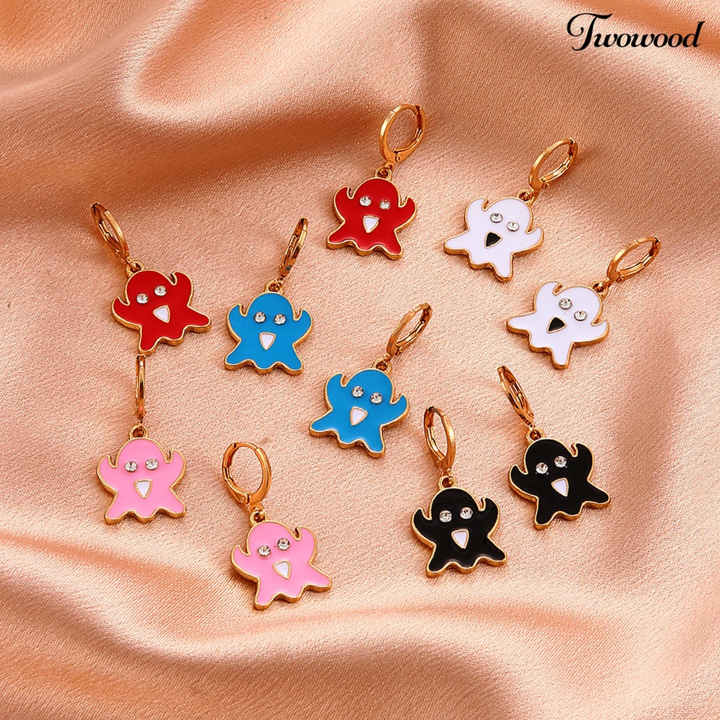 Twowood 1 Pair Ghost Pendant Halloween Earrings Candy Color Alloy Rhinestone Women Enamel Earrings Party Jewelry