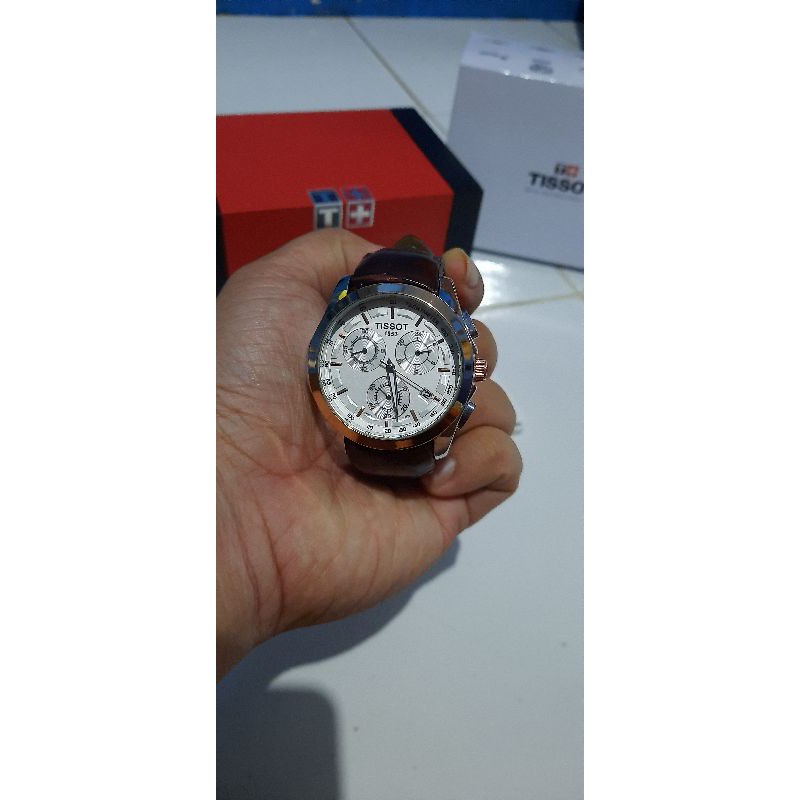 Jam Tangan Tissot Couturier Chronograph Silver Dial Brown Leather Strap