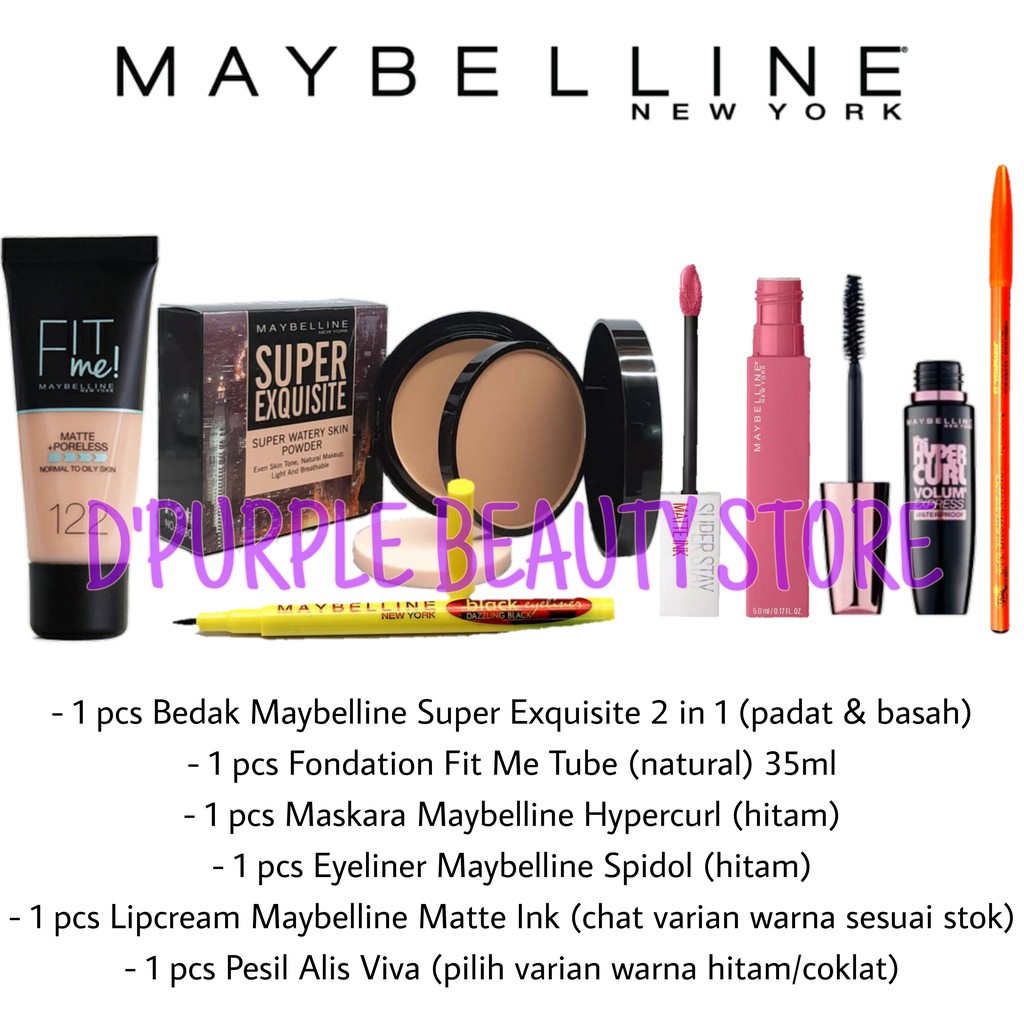 Paket Kosmetik Maybelline Lenkap Murah 6 In 1 -Bedak -Foundation -Maskara -Eyeliner -Lipcream -PA