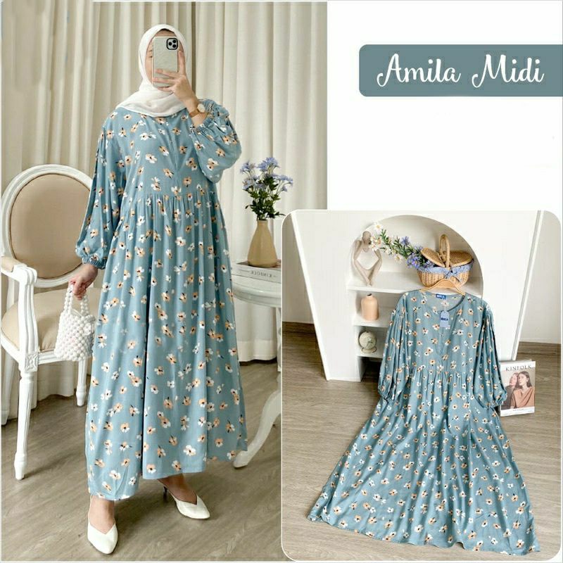 AMILA MIDI DRESS / MIDI DRESS RAYON MOTIF BUNGA / MIDI DRESS BUSUI / MIDI DRESS CASUAL / OUTFIT CASU