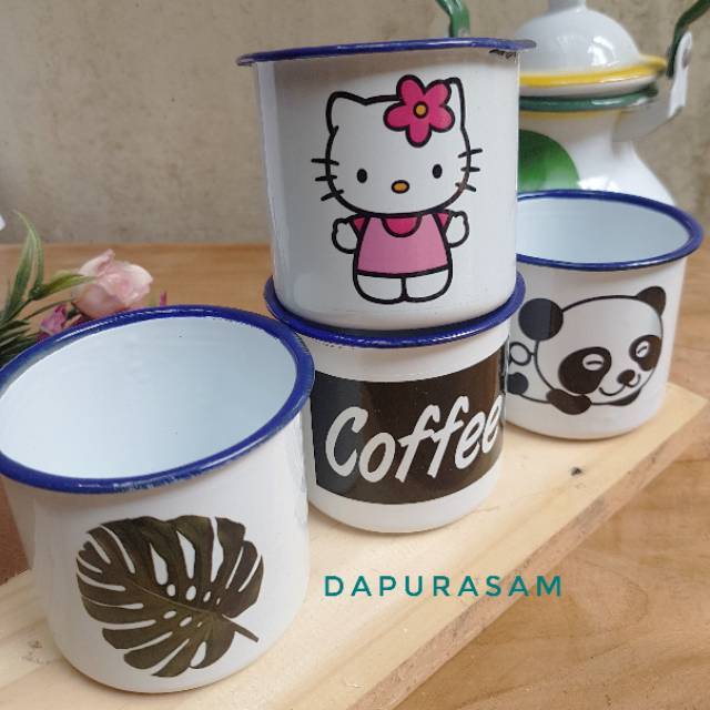 Gelas Enamel 7cm Karakter Tulisan Sablon  Cangkir  mug 