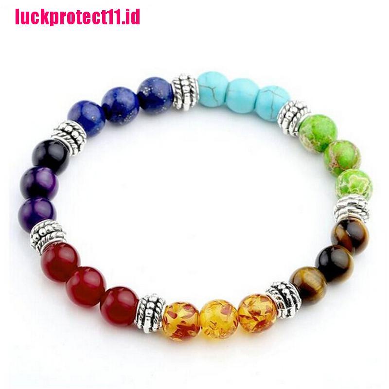 (LUCK) 1pc Gelang Tangan Wanita Manik Batu Lava Rock Chakra Reiki 7 Batu Permata