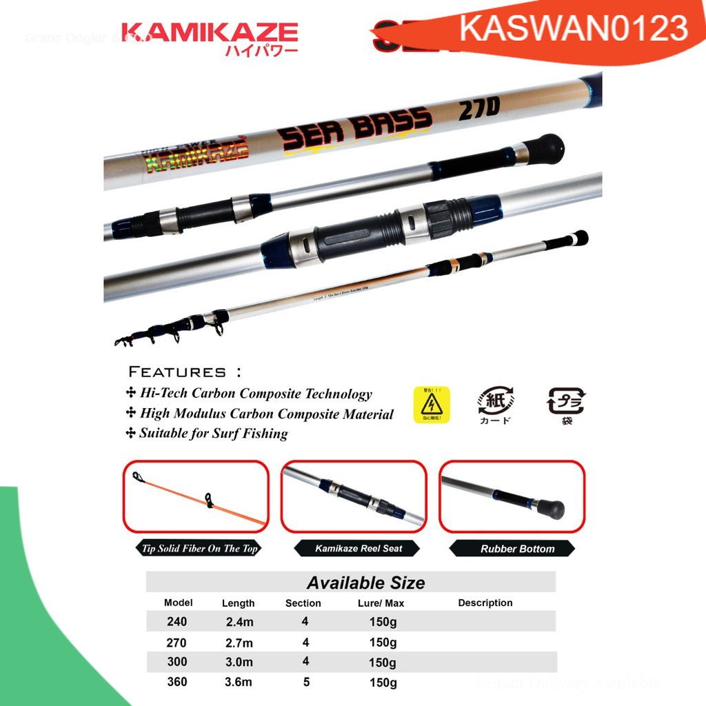 COD ALAT PANCING JORAN STIK PANCING ANTENA TELESCOPIC SURF CASTING KAMIKAZE SEA BASS 240CM CARBON MU