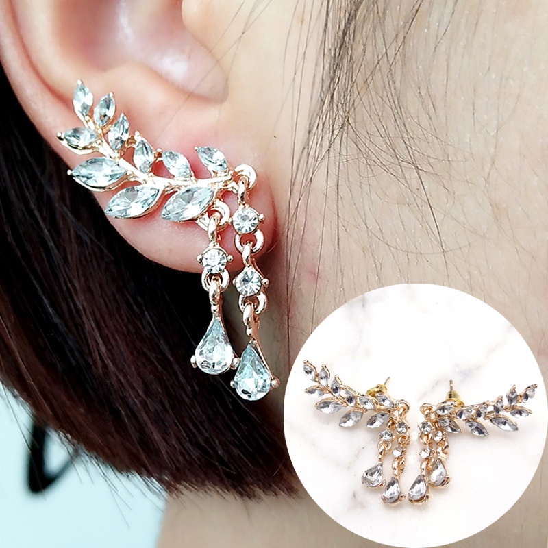 Anting Rumbai Bentuk Daun | Anting Kristal Bentuk Tetesan Air Daun Bahan Resin | Anting Bahan Alloy