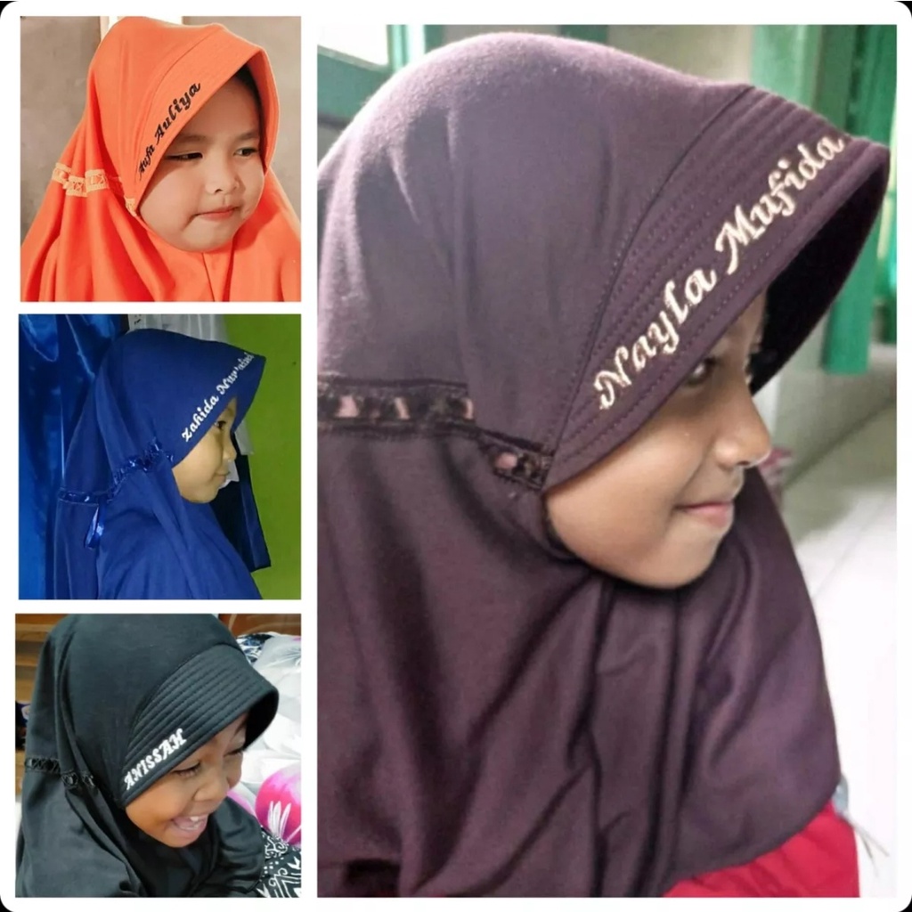 HIJAB KERUDUNG ANAK SEKOLAH PITA SERUT FREE BORDIR NAMA SUKA SUKA TK SD SMP