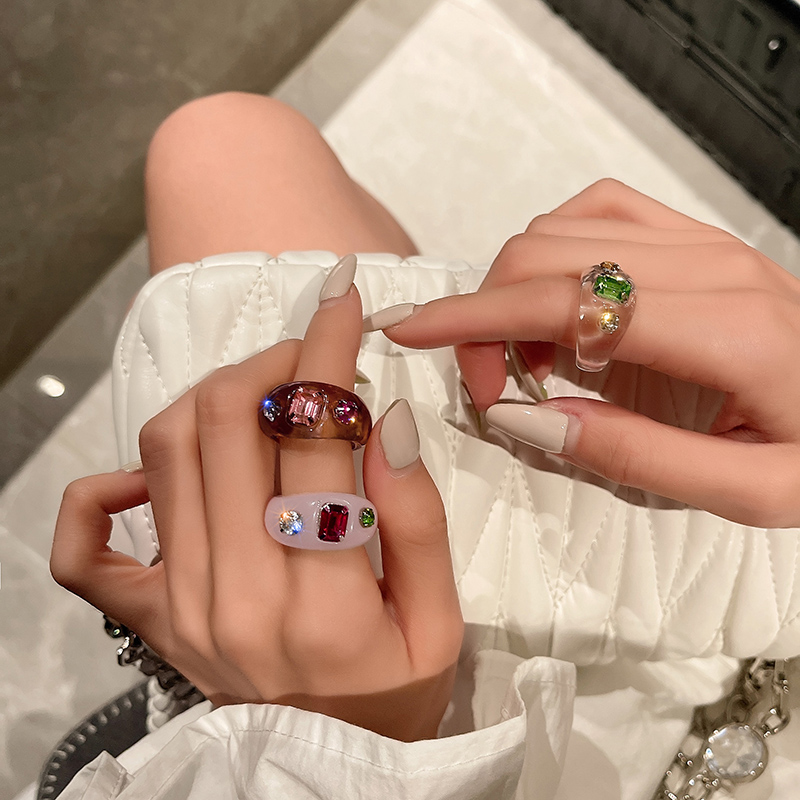 Korean Fashion Candy Color Inlaid Gemstone Ring Cute Multicolor Acrylic Rings Jewelry Accessories