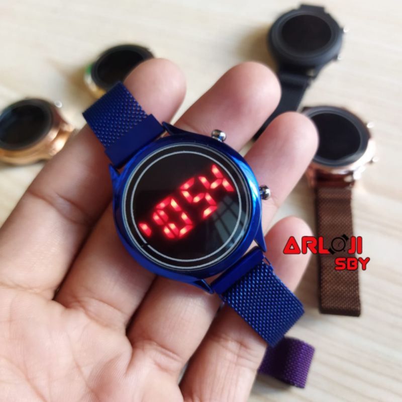 JAM TANGAN WANITA LED WATCH DIGITAL MAGNET MESH CONVEX BULAT MINI