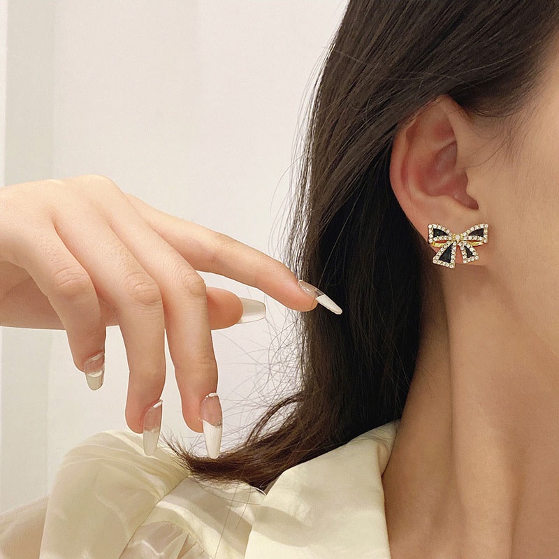 Shuling S925 silver needle Korean version Black Bow Earrings Female Stud Earrings Sweet Women Earrings