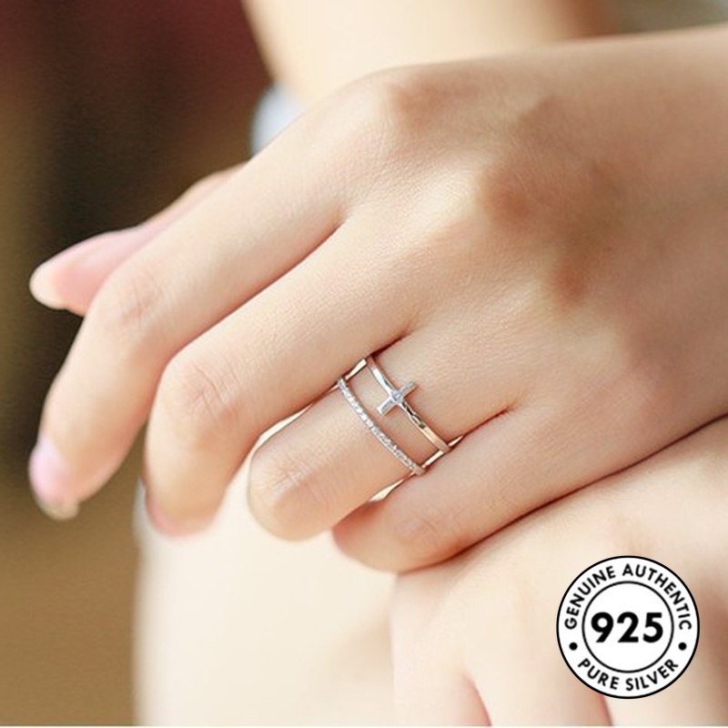 Cincin Sterling Silver 925 Desain Salib Hias Berlian Imitasi Untuk Wanita