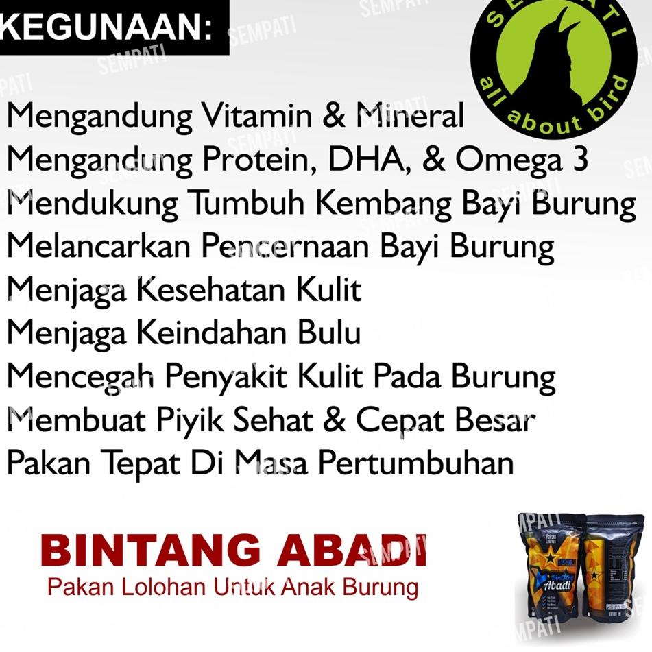 BINTANG ABADI PAKAN BUBUR ANAKAN PIYEK BURUNG LOVEBIRD LOLOHAN SPET