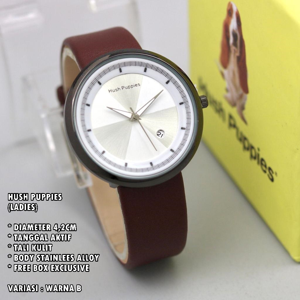 (FREE BOX) JAM TANGAN WANITA HUSH PUPPIES TALI KULIT BODY BULAT TANGGAL AKTIF