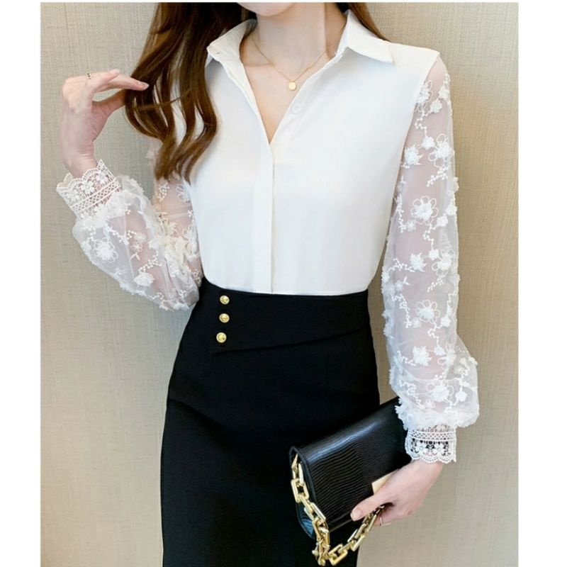 MDLV ~ 8651 Dellaney Lce Shirt Atasan Blouse Combi Lace Baju korea Combi Renda Rajut Fashion Import