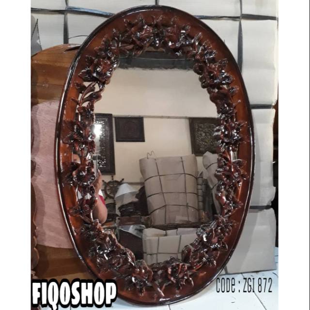 CERMIN OVAL MAWAR KAYU JATI MIRROR KACA HIAS