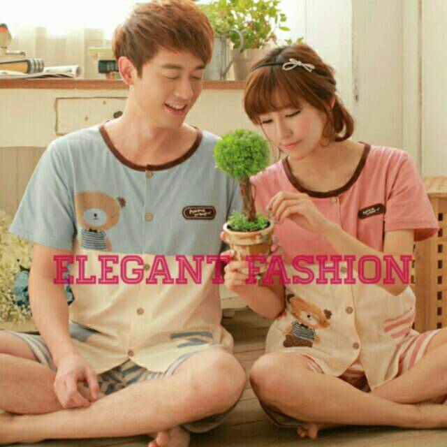 Baju Tidur Piyama Kaos Setelan Pendek Couple Pasangan Import Lucu Full Kancing Bear Home