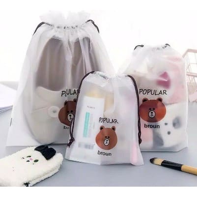 Pouch Transparant Serut BERUANG multifungsi - travel pouch - pouch kosmetik