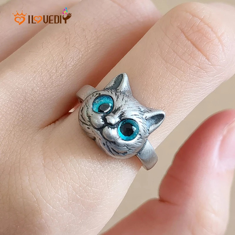 Cincin Model Terbuka Adjustable Desain Mata Kucing Biru Gaya Vintage Punk Gothic Untuk Unisex