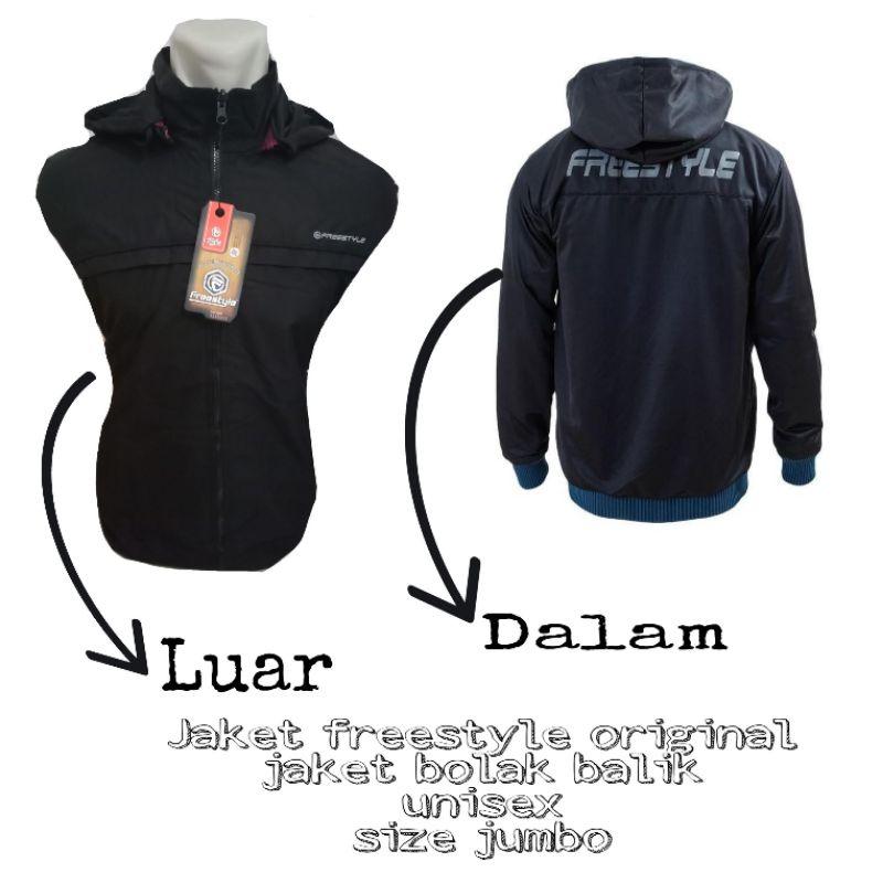 Jaket freestyle bolak balik original unisex warna hitam size jumbo