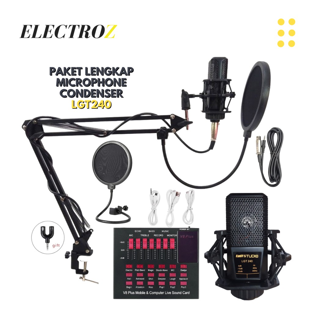 Microphone LGT240 Mic Condenser PAKET LENGKAP Live Recording Broadcast Cover Musik Smule Youtube + S