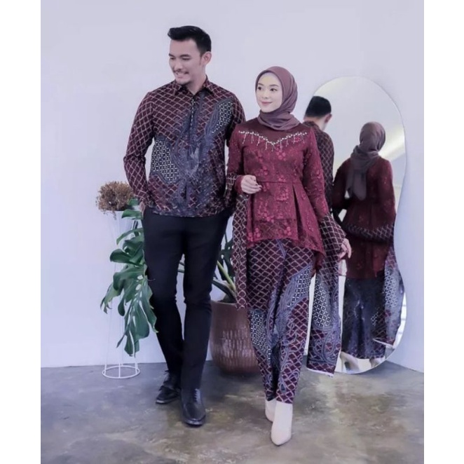 BATIK EXPRESS - Kebaya Batik Couple Divya Brokat Tille Sarimbit Modern Kemeja Pria Lengan Panjang Size M,L,XL