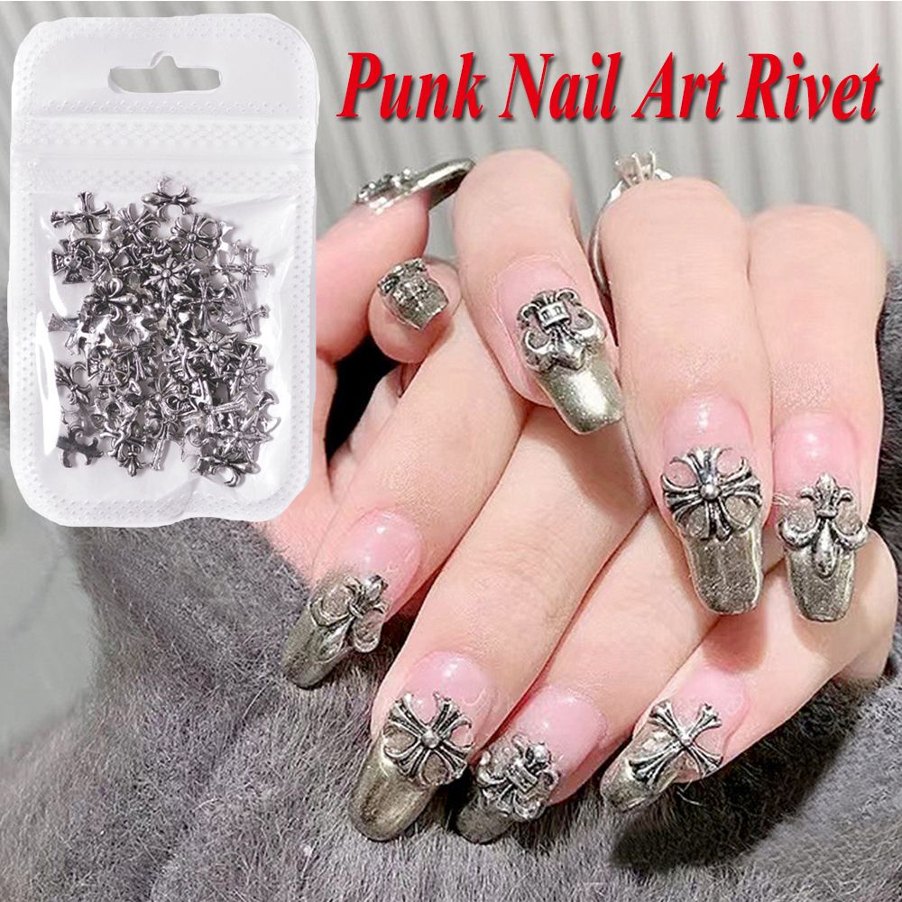 MXBEAUTY Mixed Cross Metal Rivet Silver DIY Nail Art Decorations 3D Nail Rivets Gold Charm Manicure Accessories 50Pcs/Pack Punk Style Vintage Nail Studs Jewelry/Multicolor