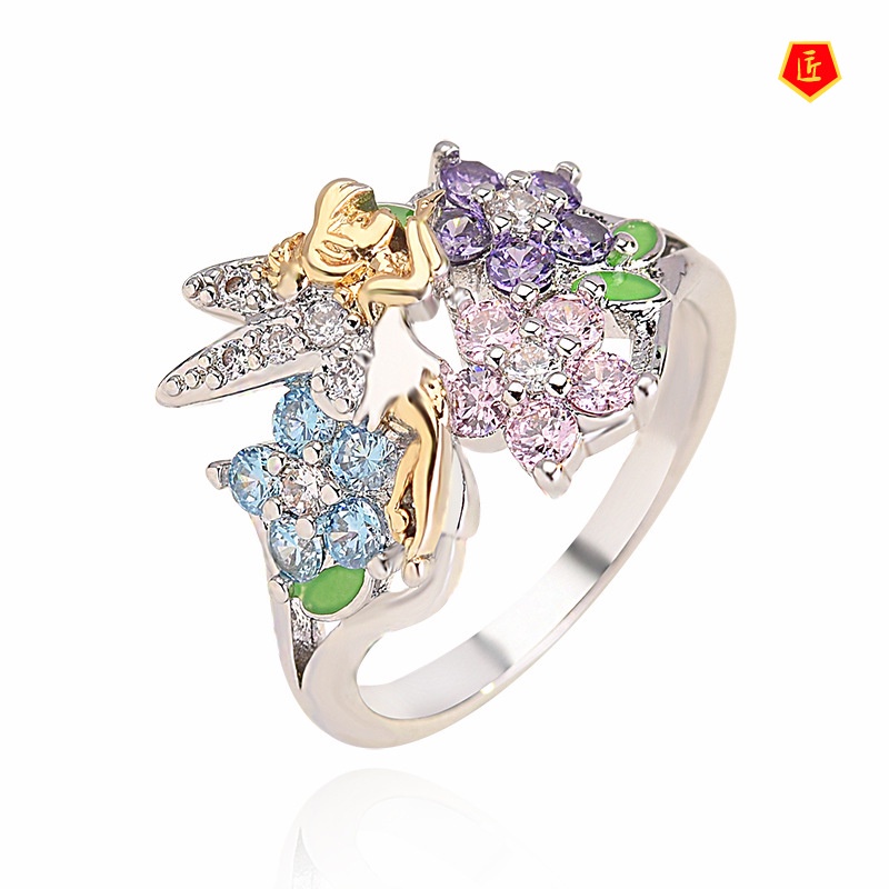 [Ready Stock]Golden Wings Elf Diamond-Studded Ring Fashion Creative Colored Gems