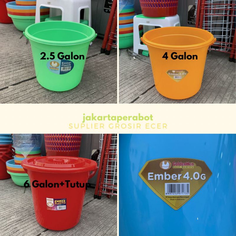 GoldenHen - Ember Plastik 2.5-4-6 Galon / Ember Air Plastik Dengan Tutup / Ember Plastik Tebal / Ember Plastik Murah / Ember Air Gagang Plastik / Ember Plastik Warna