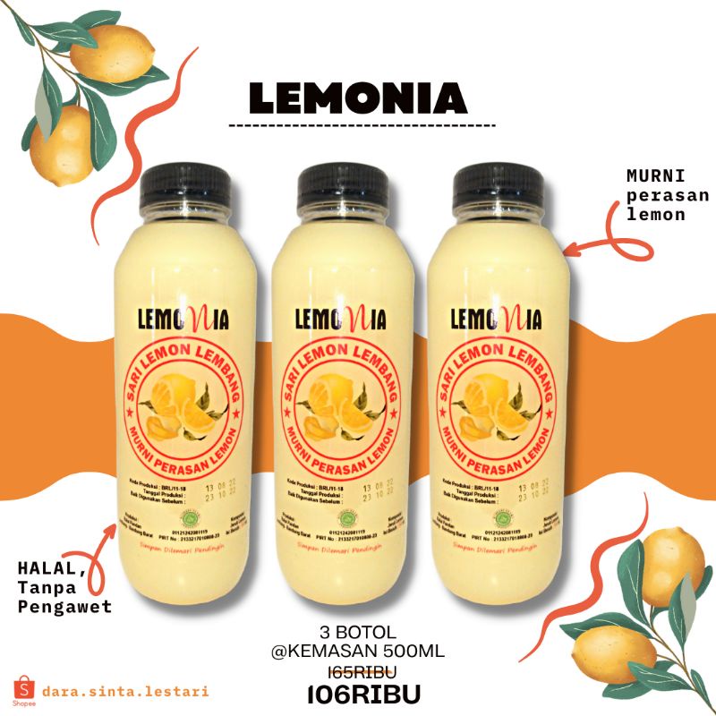 

[PAKET MURAH||BISA COD] 3 BOTOL 500mL SARI LEMONIA 100% PURE LEMON || BISA COD