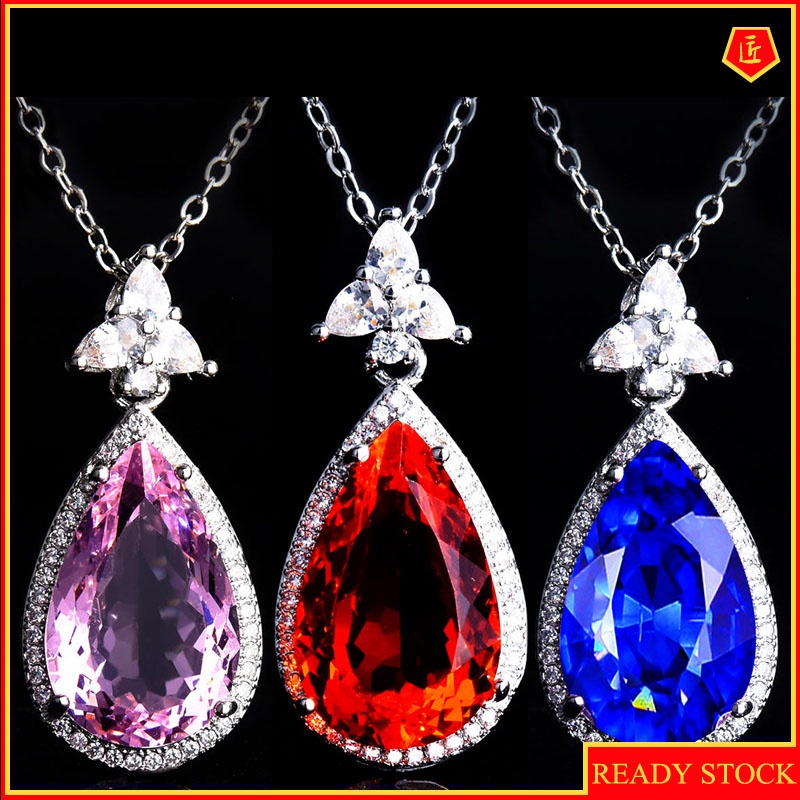 [Ready Stock]Elegant Blue Pear-Shaped Pendant Pink Crystal Gems Necklace for Women