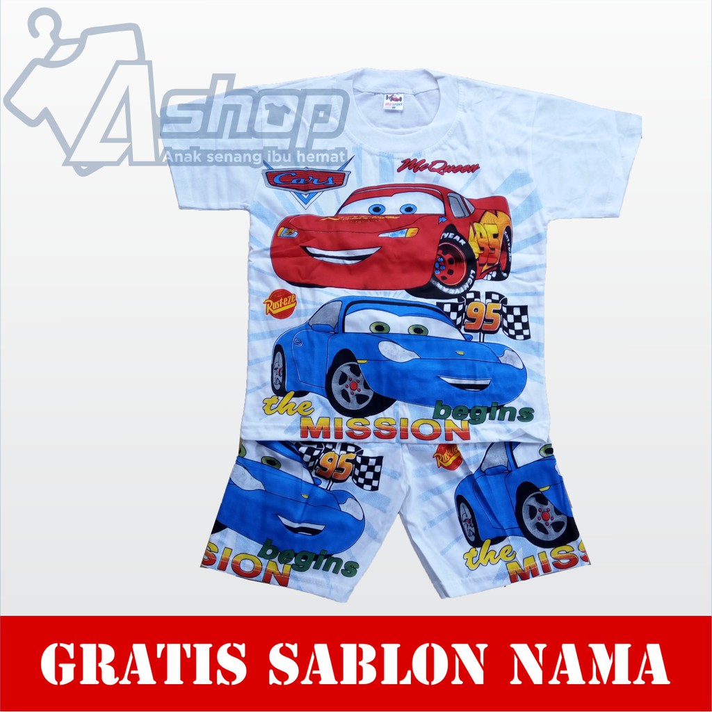 Baju Anak Setelan Cars Kaos Anak Laki-Laki Perempuan Murah Gratis Custom Nama