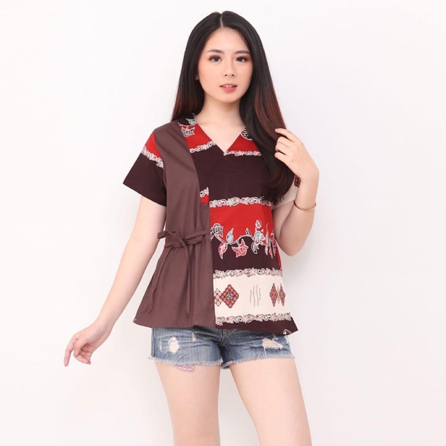 QQinian Blouse Juliet Atasan Batik Wanita Stretch Melar Lurik Bunga Coklat Hitam Biru Maroon Grosir
