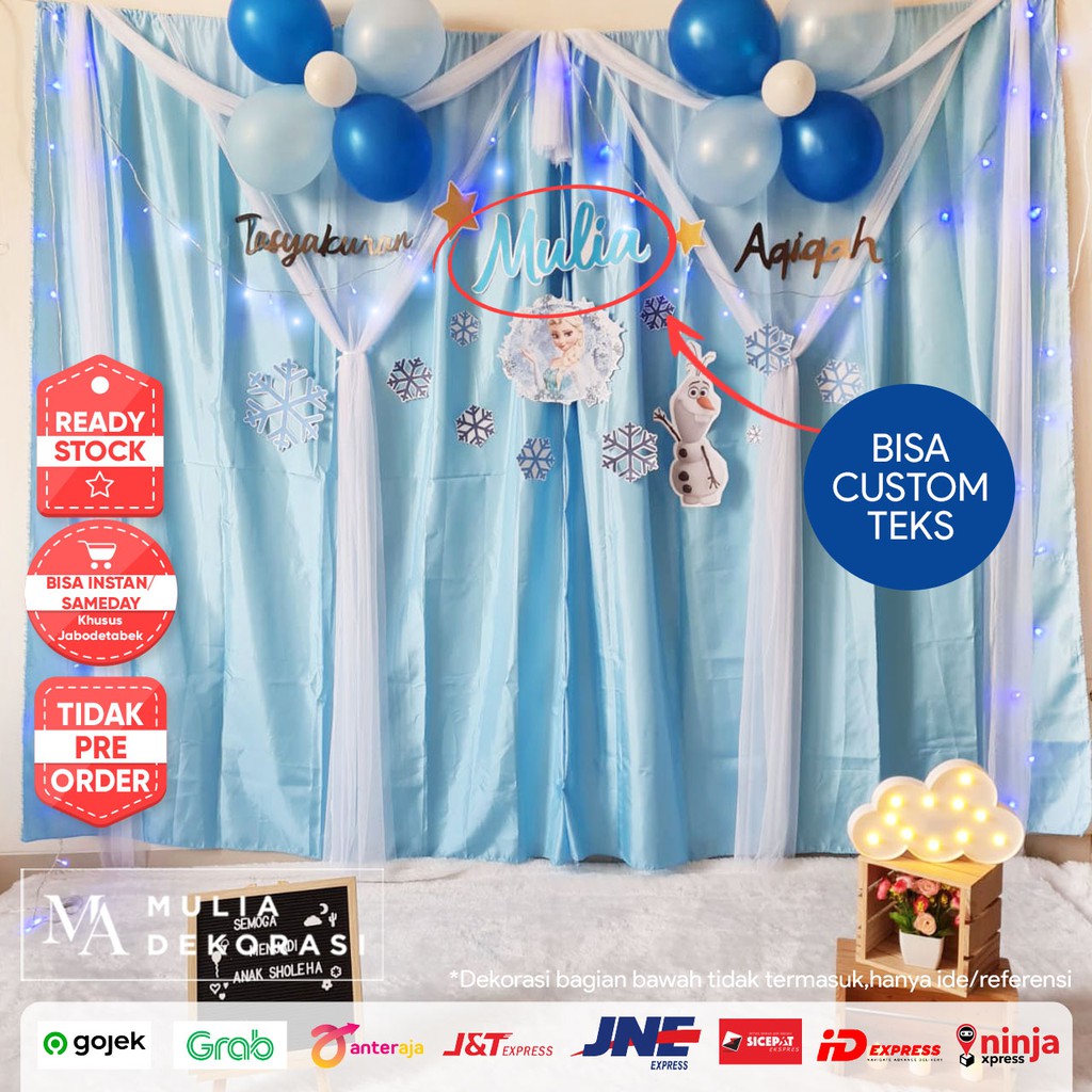 Backdrop Dekorasi Ulang Tahun Aqiqah Pesta Anak Paket Frozen + Dress Gamis Bayi Anak