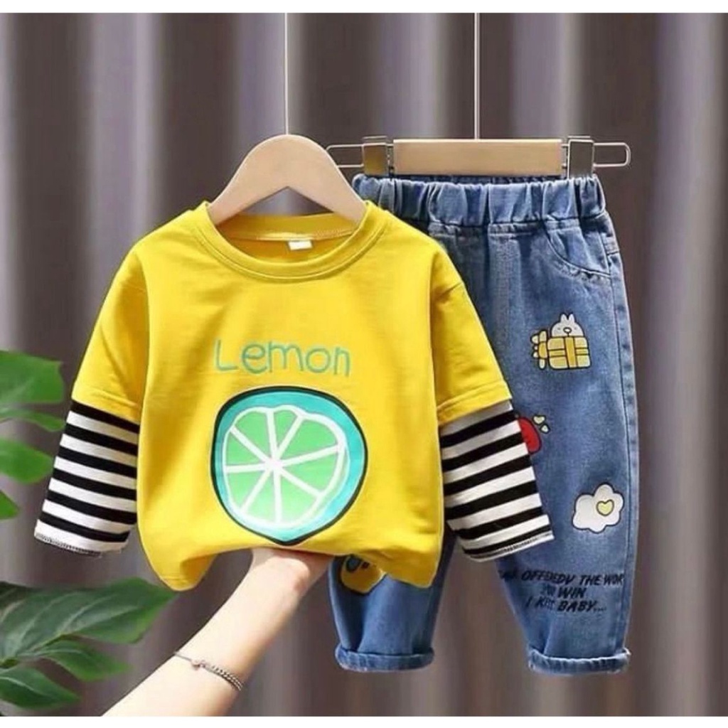 TRENDY SETELAN BAJU REGLAN CELANA JEANS BAYI ANAK UNISEX MOTIF LEMON DENIM USIA 6 NULAN-5 TAHUN BEST QUALITY TERBARU TERMURAH BAJU POPULER/ SETELAN BAJU REGLAN CELANA JEANS BAYI ANAK LAKI-LAKI/ SETELAN BAJU REGLAN CELANA JEANS BAYI ANAK PEREMPUAN