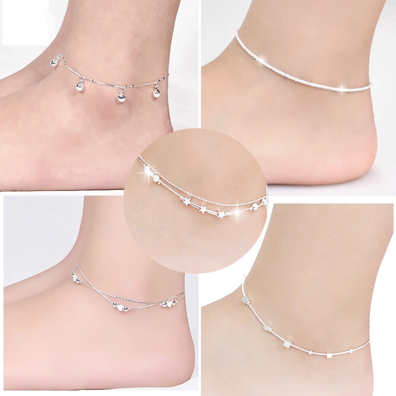 (Happy) Gelang Kaki Rantai Lapis Silver 925 Aksen Hati Untuk Wanita