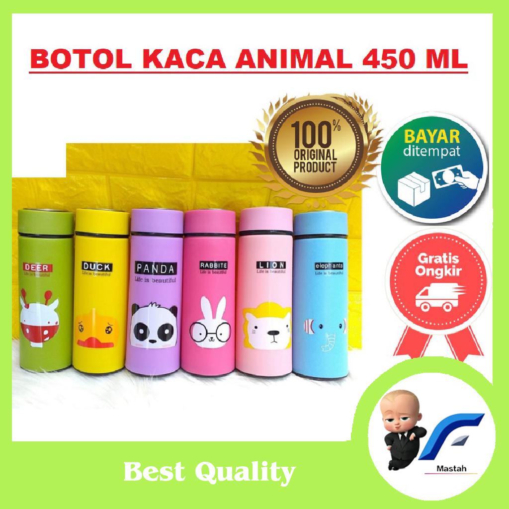 MTSH* BOTOL KACA ANIMAL / MYBOTOL KACA KARAKTER ANIMAL BOTOL MINUM KACA LUCU  450ml TANPA BOX