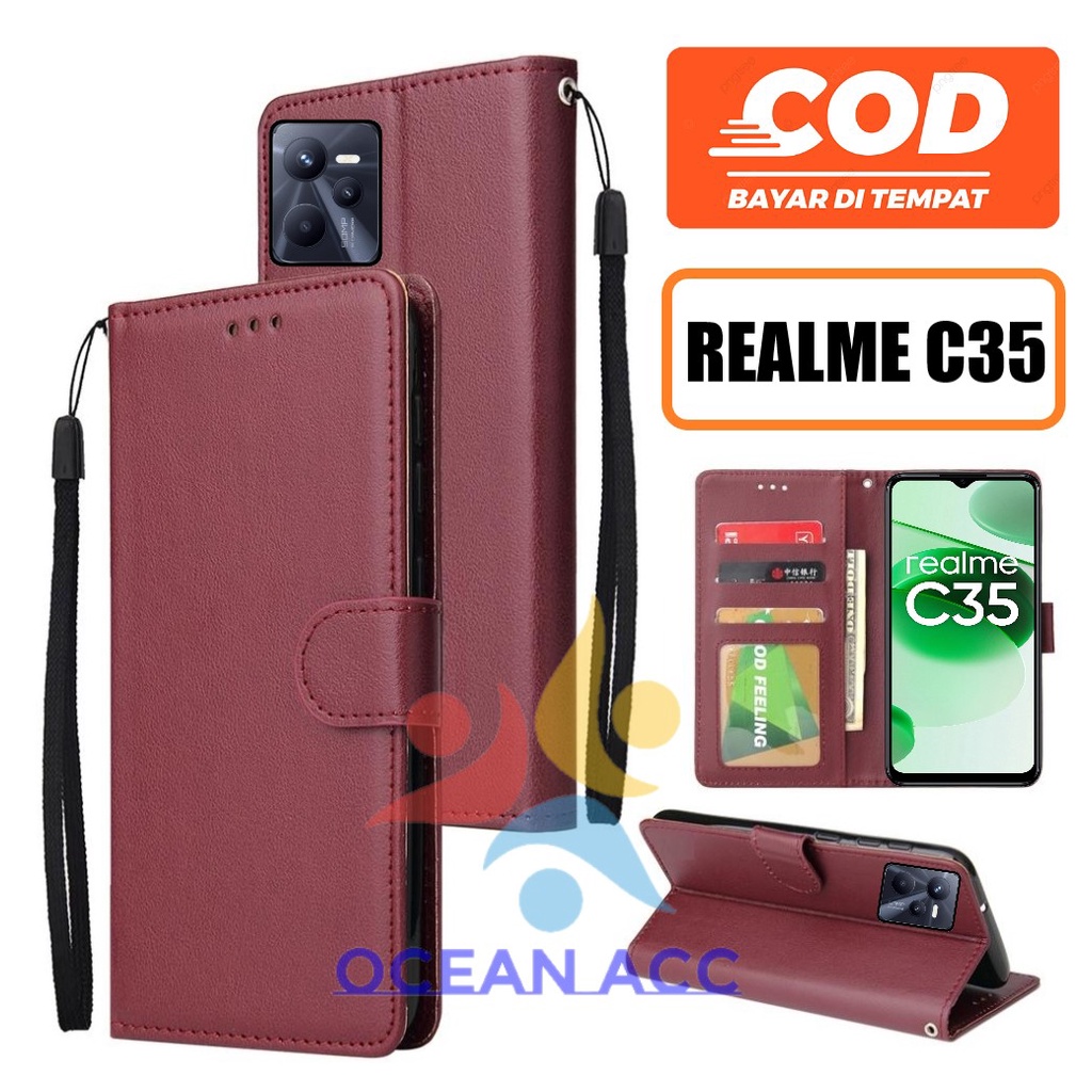 NEW REALME C35 2022 LEATHER CASE WALLET UNTUK REALME C35 NEW 2022 DOMPET HP