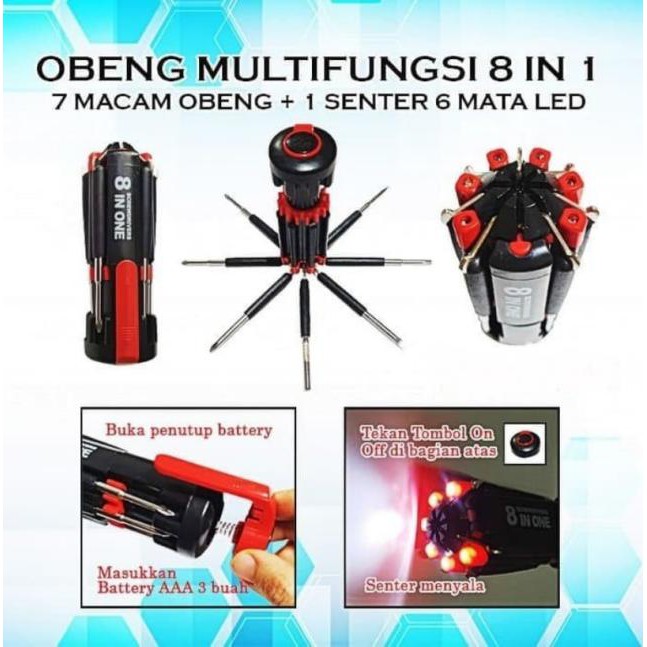 Set Obeng 8 in 1 Multi Screwdriver Tools - Obeng Senter Multifungsi