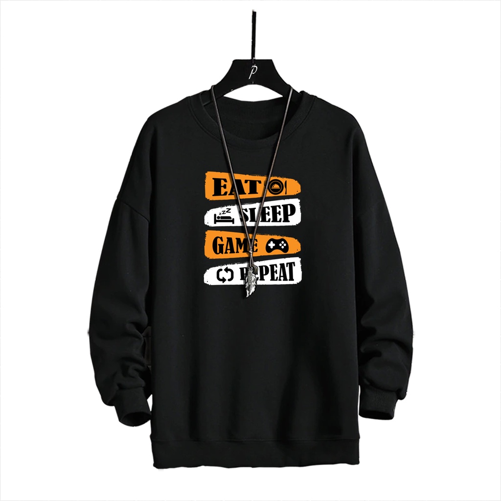 Sweater oblong pria EAT SLEEP GAME REPEAT sweter cewek cowok murah trend