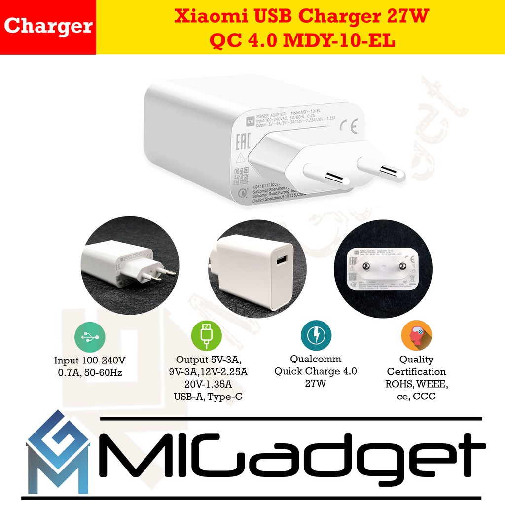 USB Charger 27W QC 4.0 MDY-10-EL