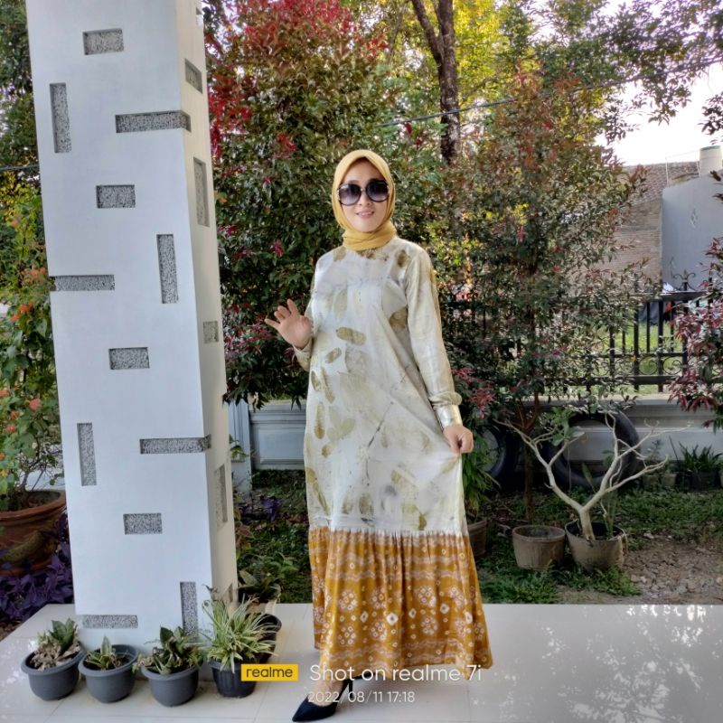 Gamis jumputan ecoprint mix jumputan titik 7 kode 06