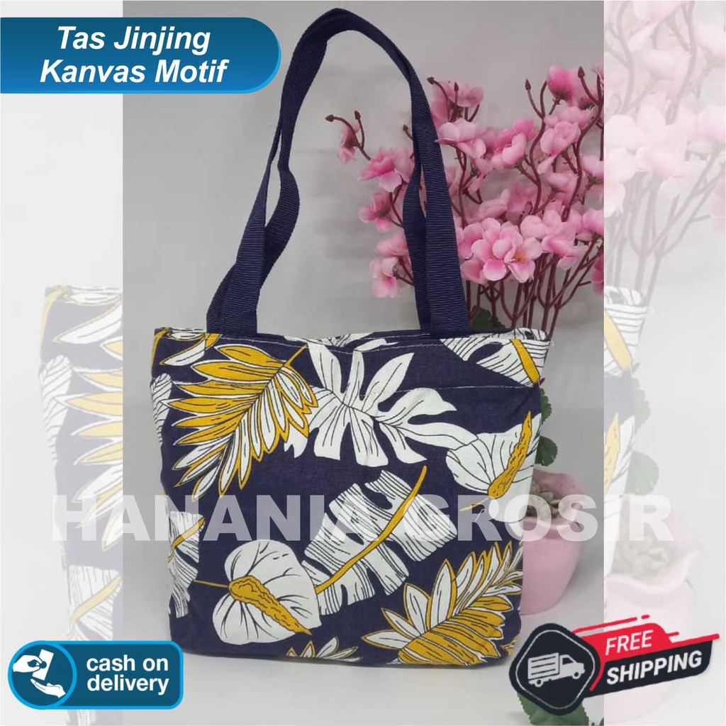 TAS JINJING HANDBAG - TAS MUKENA - TAS MAKEUP BAHAN KANVAS MOTIF DAUN