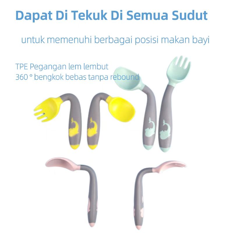 360 Derajat Melengkung Sendok Makan Bayi MPASI BLW / Food Grade Silicone Anak Makan Sendok Garpu