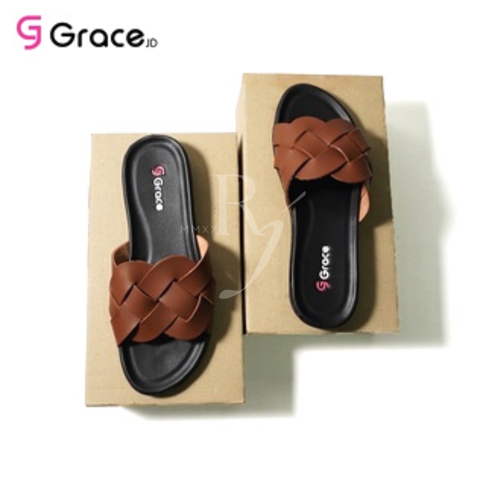 GRACE [SLK 01] Sandal Wanita Slop Kulit Terbaru Model Anyam Samak/ Sendal Etnik Wanita Anyam