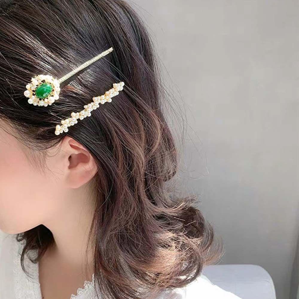 Agustina Berlian Imitasi Klip Rambut Gadis Mewah Kristal Mutiara Memperbaiki Pinggiran Jepit Hiasan Kepala Pearl Barrette Pin Berlian Imitasi Permata Hijau Gaya Korea