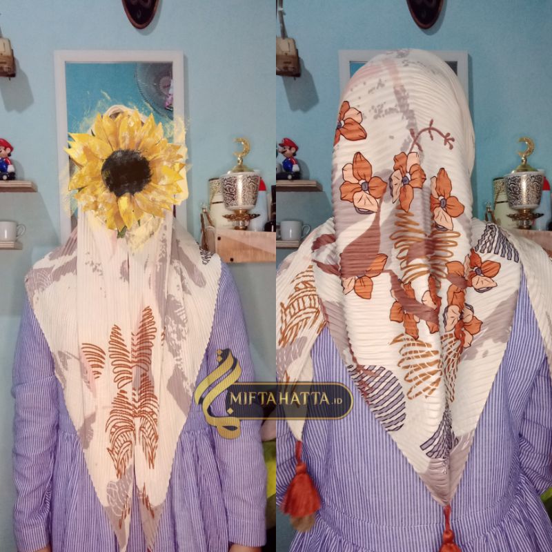 Hijab Plisket Segiempat / Segitiga Motif Random / Hijab Plisket Segiempat Pompom
